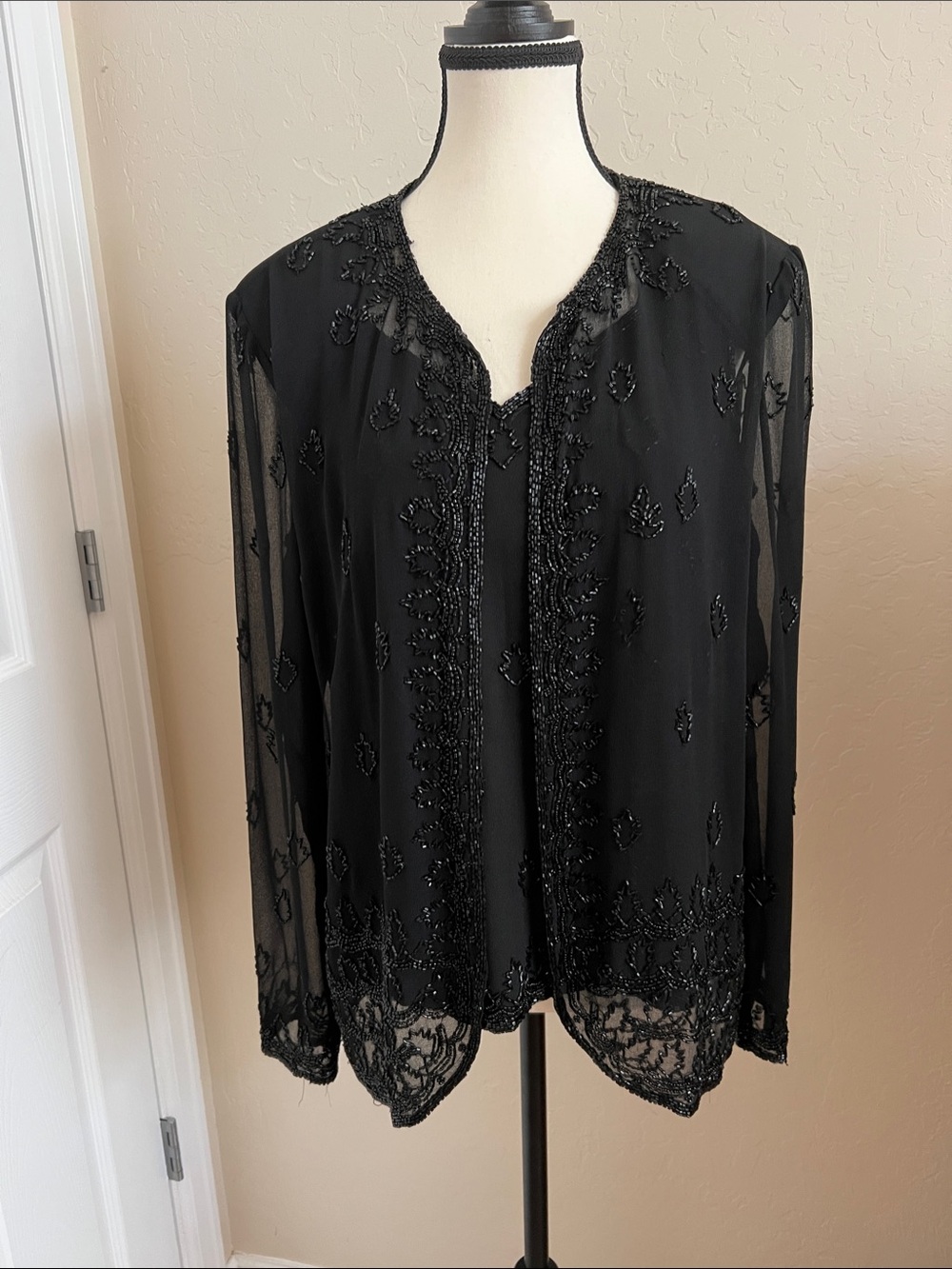J Kara Black Beaded Sheer Open-Front Blouse